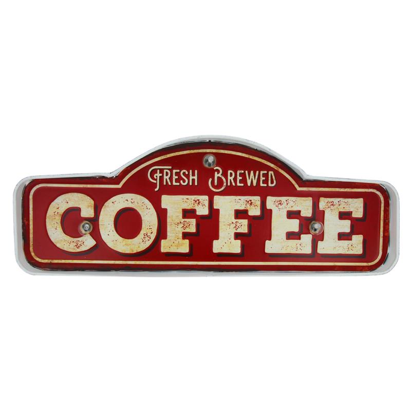 Μεταλλική Πινακίδα LED Forever Light RETRO Fresh Brewed Coffee Κόκκινο-Χρυσό