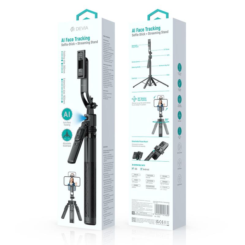 Ασύρματο Selfie Stick & Τρίποδο Devia ES086 C17 με AI Face Tracking για Smartphones Πλάτους 65 έως 95mm Μαύρο