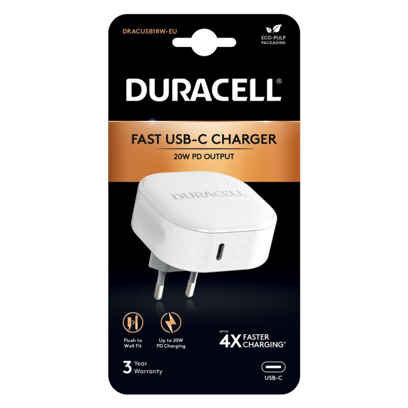 Φορτιστής Ταξιδίου Duracell με Έξοδο USB C PD 20W Λευκό