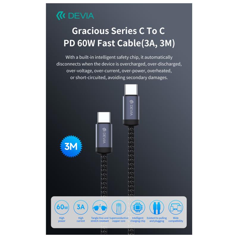 Καλώδιο Σύνδεσης USB 2.0 Devia EC646 USB C σε USB C PD 60W 3m Gracious Μαύρο