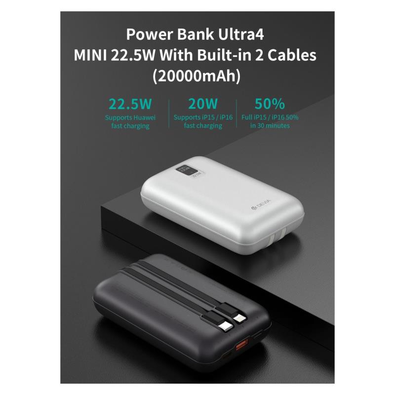 Devia EP208 Mini Emergency Charger 22.5W 20000mAh with 2 Built-in Cables Ultra4 Gray