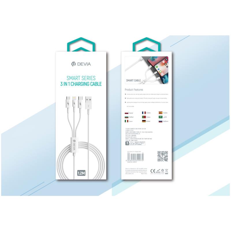 Καλώδιο Σύνδεσης USB 2.0 3 σε 1 Devia EC141 USB A σε Micro USB & USB C & Lightning 15W 1.2m Smart Λευκό