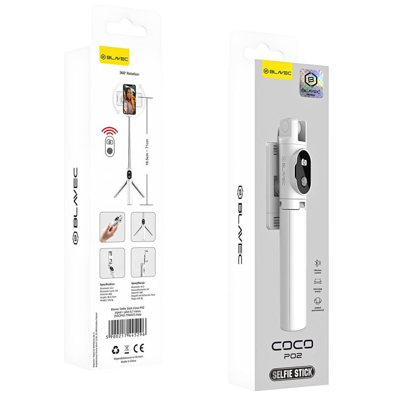 Ασύρματο Selfie Stick & Τρίποδο Blavec Coco P02 με Τηλεχειριστήριο για Smartphones Πλάτους 65mm έως 95mm Λευκό