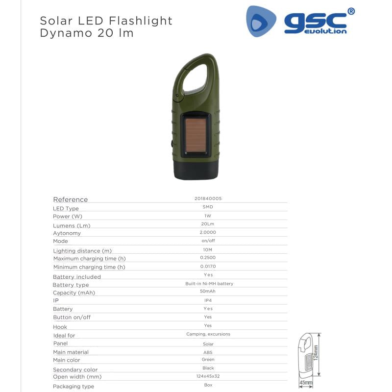 Επαναφορτιζόμενος Ηλιακός Φακός LED GSC 1W 50mAh 20lm με Δυναμό Πράσινο