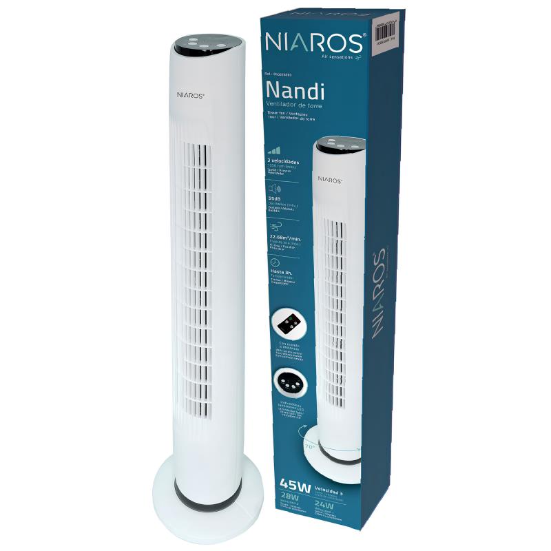 Επιδαπέδιος Ανεμιστήρας Niaros Nandi Tower 45W με Τηλεχειριστήριο Λευκό