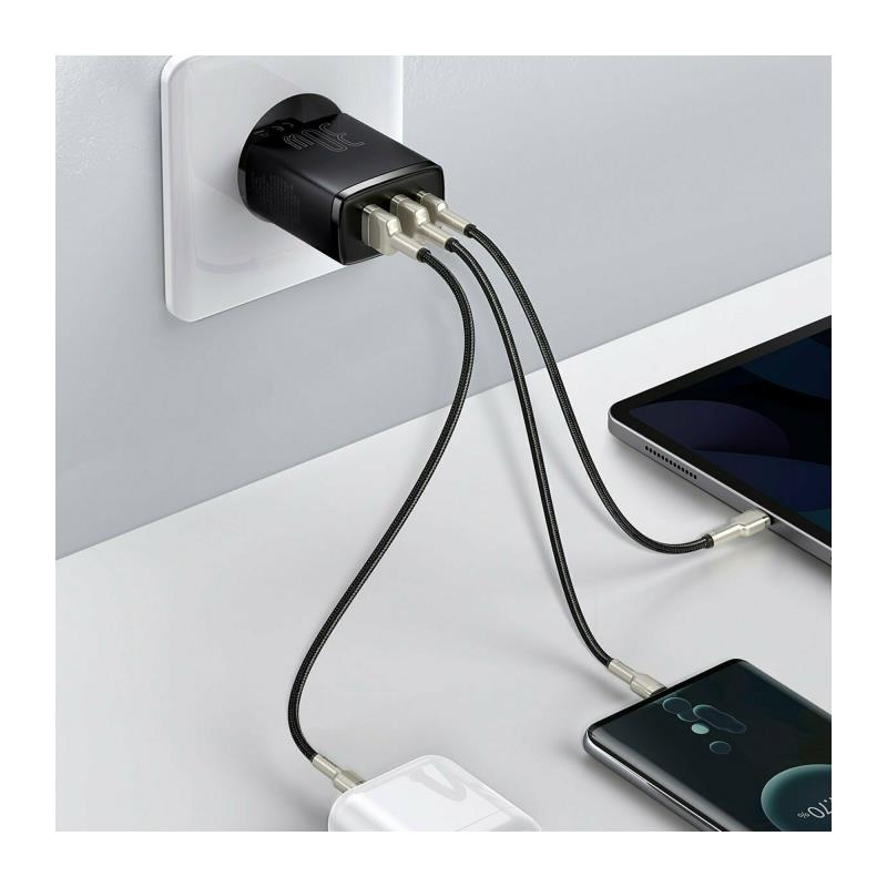 Φορτιστής Ταξιδίου Ταχείας Φόρτισης Baseus Compact με Τριπλή Έξοδο 2xUSB A & USB C PD QC 30W 3A Μαύρο