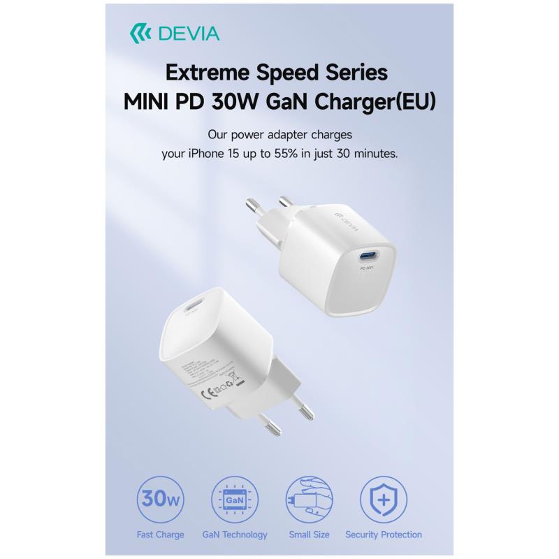 Φορτιστής Ταξιδίου Ταχείας Φόρτισης Devia RLC-545 Mini με Έξοδο USB C GaN PD 30W Extreme Λευκό