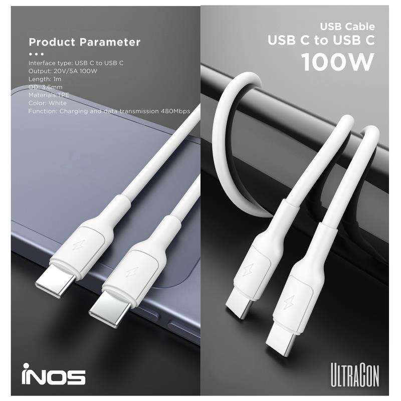 Καλώδιο Σύνδεσης USB 2.0 inos UltraCon USB C σε USB C 100W 1m Λευκό