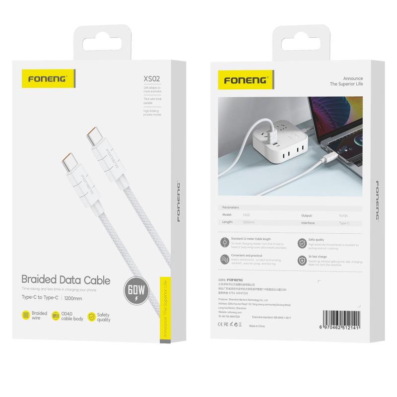 Καλώδιο Σύνδεσης USB 2.0 Foneng XS02 Braided USB C σε USB C 60W 1.2m Λευκό