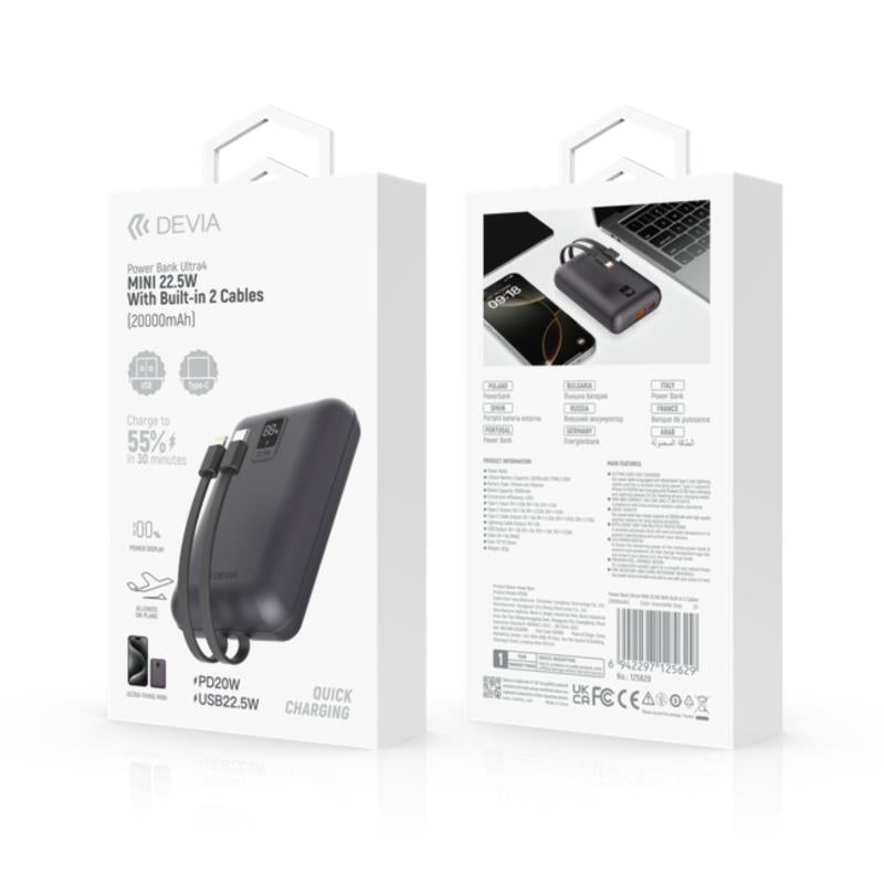 Φορτιστής Ανάγκης Devia EP208 Mini 22.5W 20000mAh με 2 Ενσωματωμένα Καλώδια Ultra4 Γκρι