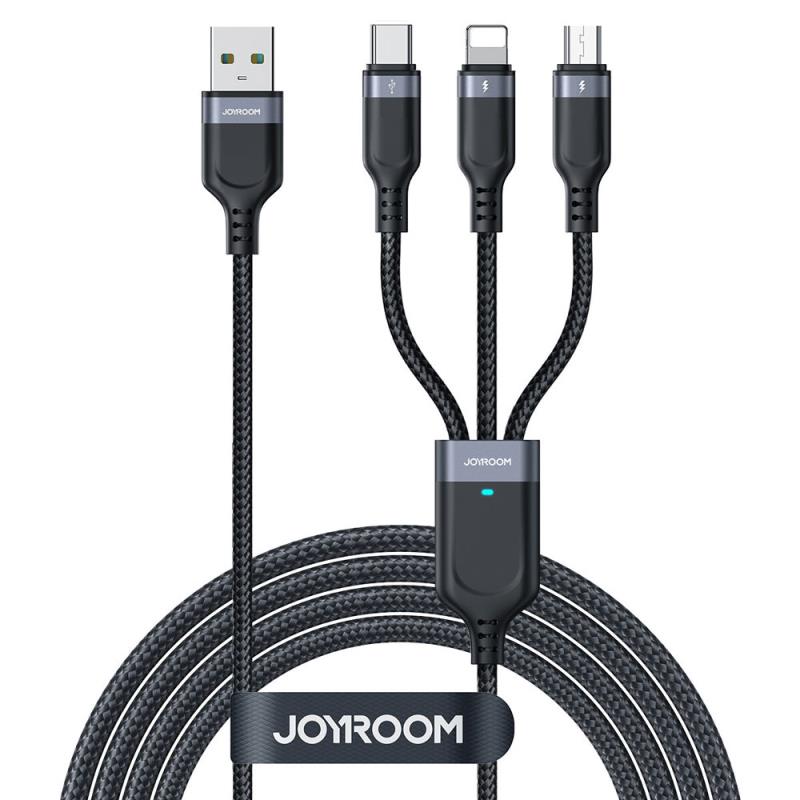 Καλώδιο Σύνδεσης USB 2.0 3 σε 1 Joyroom Braided S-1T3018A18 USB A σε Micro USB & USB C & Lightning 10W 0.30m Μαύρο