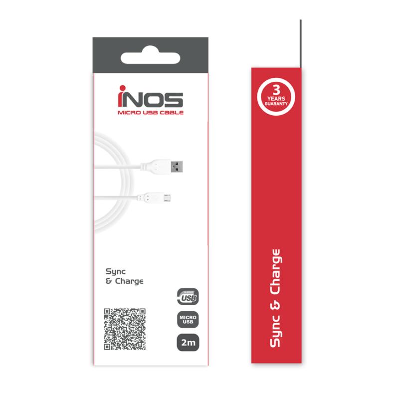 Καλώδιο Σύνδεσης USB 2.0 inos USB A σε Micro USB 10W 2m Λευκό