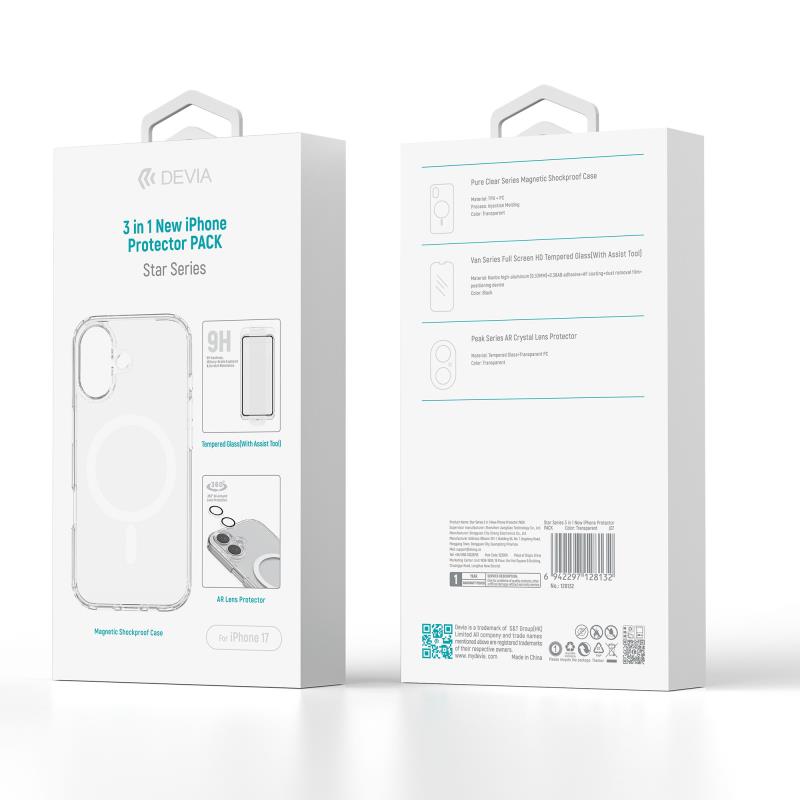 Θήκη TPU & PC & Tempered Glass & Camera Cover Devia Apple iPhone 17 Magnetic Shock Proof Star Pack Διάφανο