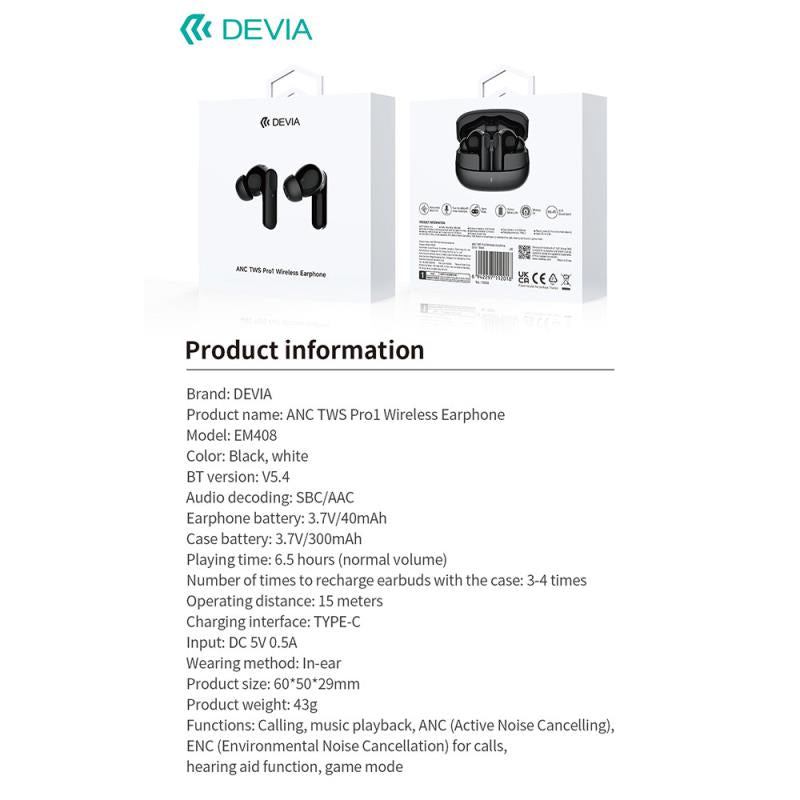 True Wireless Ακουστικά Bluetooth Devia EM408 ANC Pro1 Μαύρο
