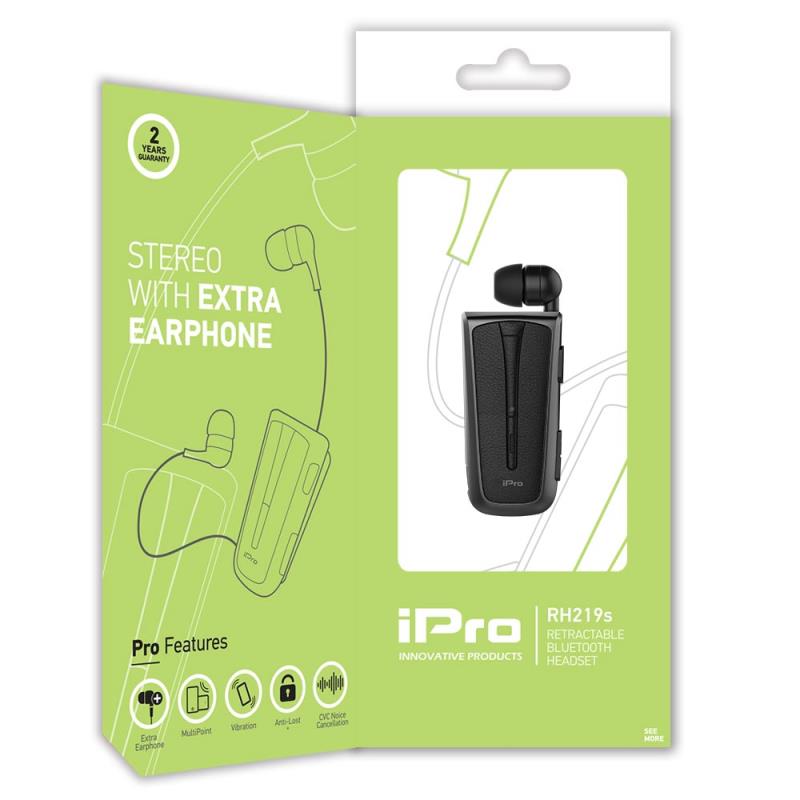 Στερεοφωνικό Ακουστικό Bluetooth iPro RH219s Retractable με Δόνηση Μαύρο-Γκρι