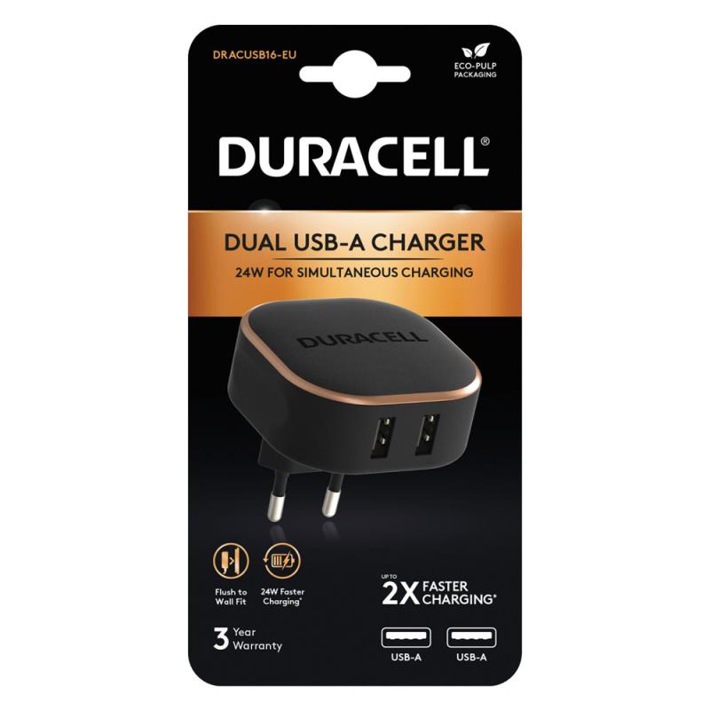 Φορτιστής Ταξιδίου Duracell με Διπλή Έξοδο 2xUSB A 24W 4.8A Μαύρο