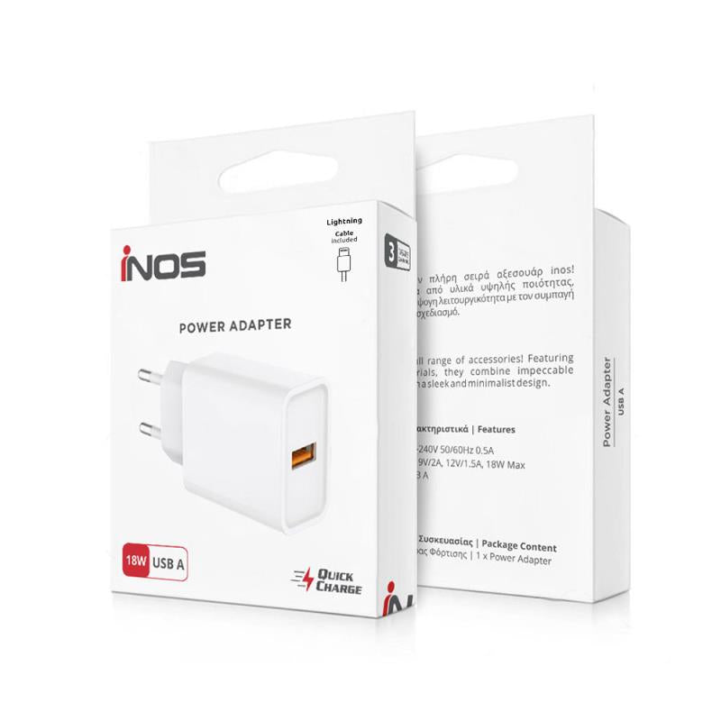 Φορτιστής Ταξιδίου inos με Έξοδο USB A 18W & Lightning Καλώδιο 1m Λευκό