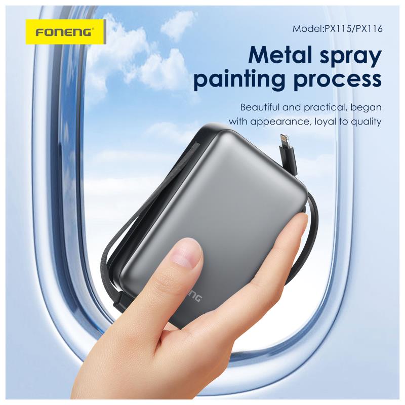 Φορτιστής Ανάγκης Foneng PX115 22.5W 10000mAh PD Mini με 2 Ενσωματωμένα Καλώδια Σκούρο Γκρι
