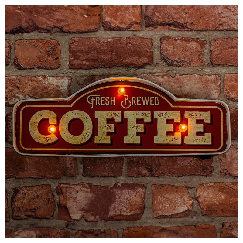 Μεταλλική Πινακίδα LED Forever Light RETRO Fresh Brewed Coffee Κόκκινο-Χρυσό