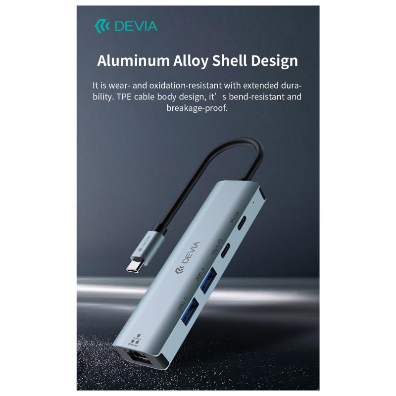 Hub USB C Devia EC701 5 σε 1 PD 100W RJ45 Leopard Γκρι