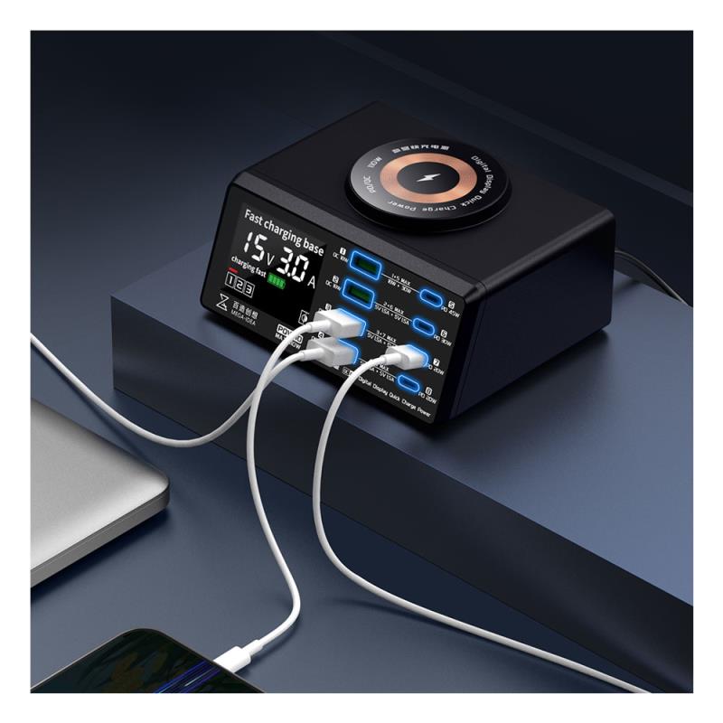 Πολυφορτιστής Πάγκου Service MEGA-IDEA PQW110 PD QC 110W με 8 Θύρες USB, Ασύρματη Φόρτιση & Οθόνη Ενδείξεων