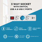 Πολύπριζο GSC 3 Θέσεων με Διακόπτη, Θύρες 1xUSB A, 1xUSB C & Καλώδιο 1.4m (3 x 1.5mm) Λευκό