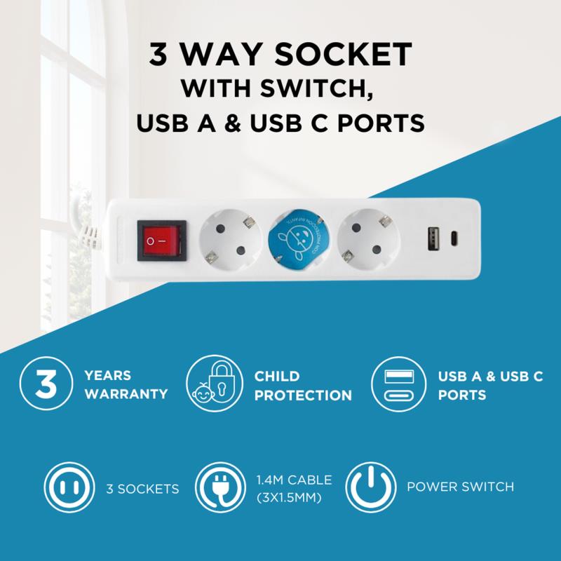 Πολύπριζο GSC 3 Θέσεων με Διακόπτη, Θύρες 1xUSB A, 1xUSB C & Καλώδιο 1.4m (3 x 1.5mm) Λευκό