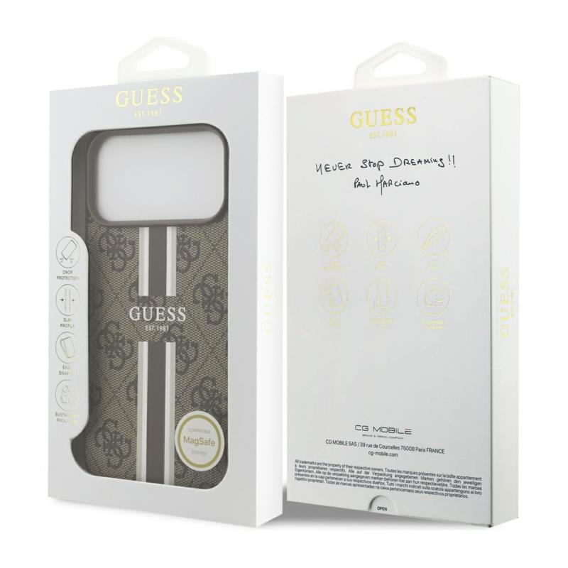Θήκη PU Guess MagSafe Apple iPhone 17 Pro Max Hardcase Printed Stripes 4G Καφέ