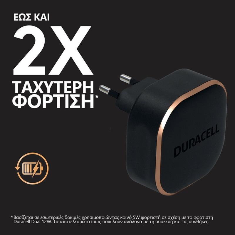 Φορτιστής Ταξιδίου Duracell με Έξοδο USB A 12W 2.4A Μαύρο