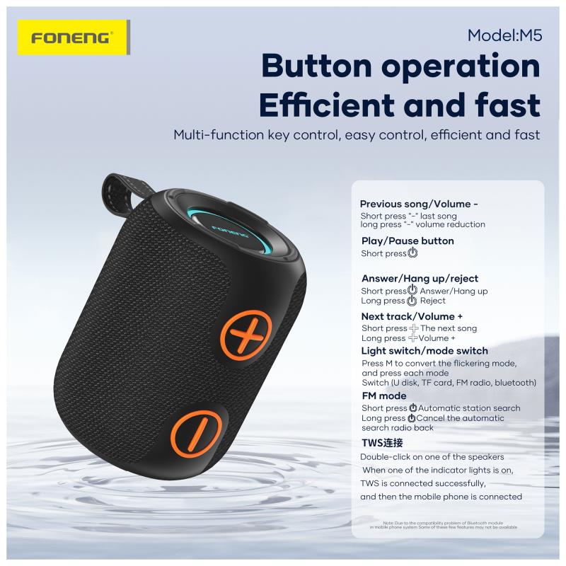 Φορητό Ηχείο Bluetooth Foneng M5 Deep Bass Colorful BT 5.3 1200mAh 8W Μαύρο
