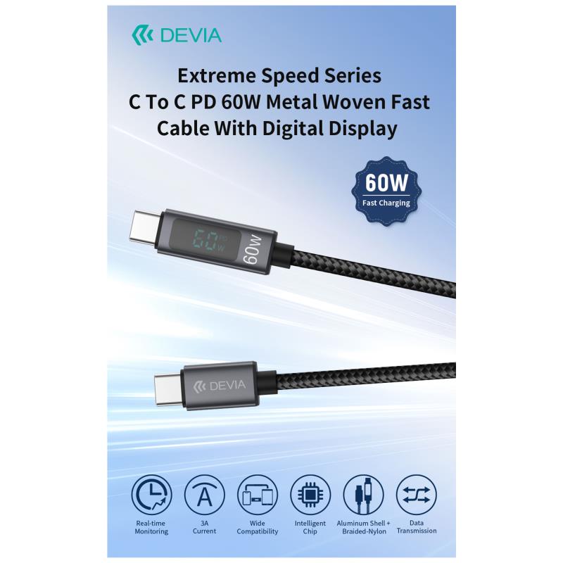 Καλώδιο Σύνδεσης USB 2.0 Devia EC313 Metal Woven USB C σε USB C με Οθόνη PD 60W 1.2m Extreme Μαύρο