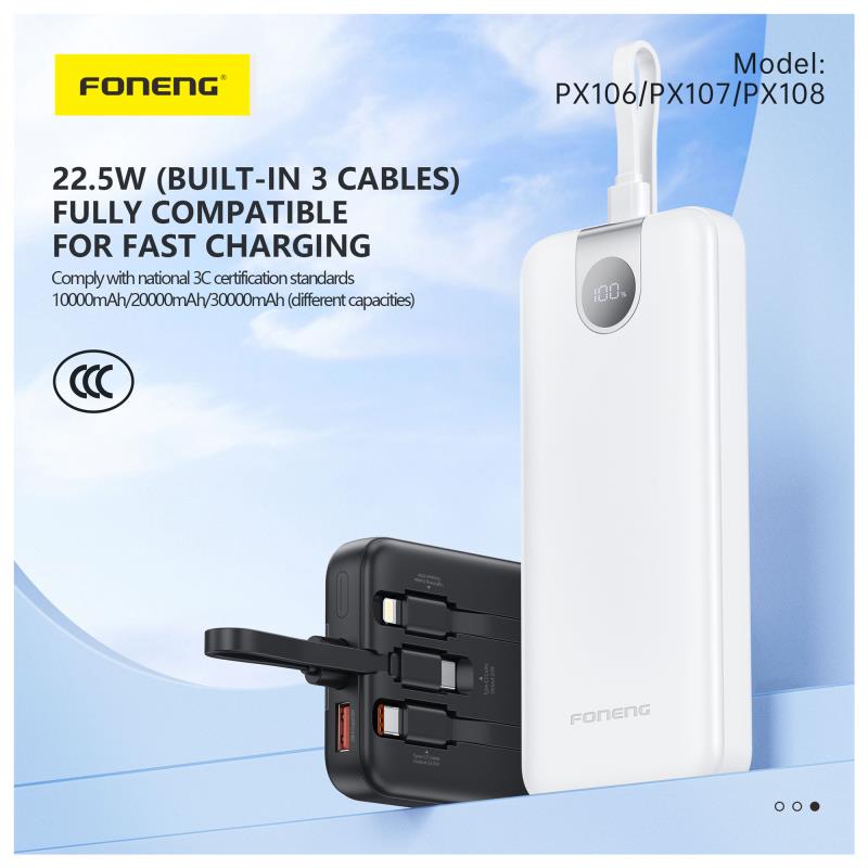 Foneng PX106 22.5W 10000mAh Emergency Charger with 3 Built-in Cables Black