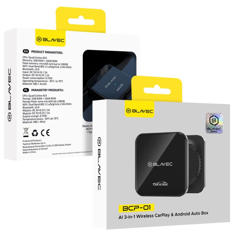 Ασύρματος Προσαρμογέας AI Box Blavec BCP-01 Carplay/ Android Auto με Bluetooth Wi-Fi & Καλώδια USB A & USB C σε USB C Μαύρο