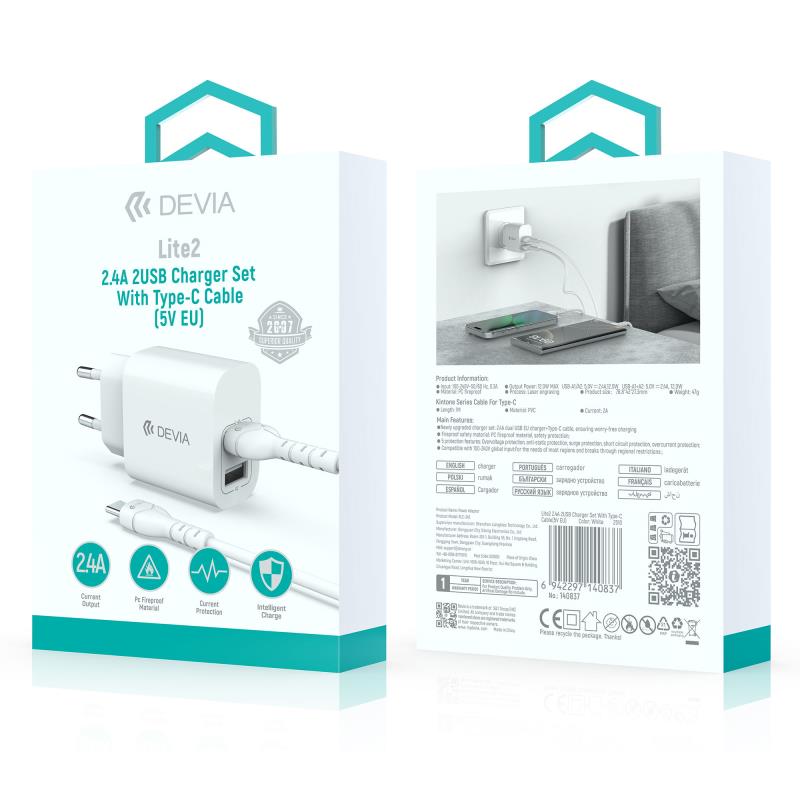 Φορτιστής Ταξιδίου Devia RLC-342 με Διπλή Έξοδο 2xUSB A 12W & Καλώδιο USB A σε USB C 1m Lite2 Λευκό