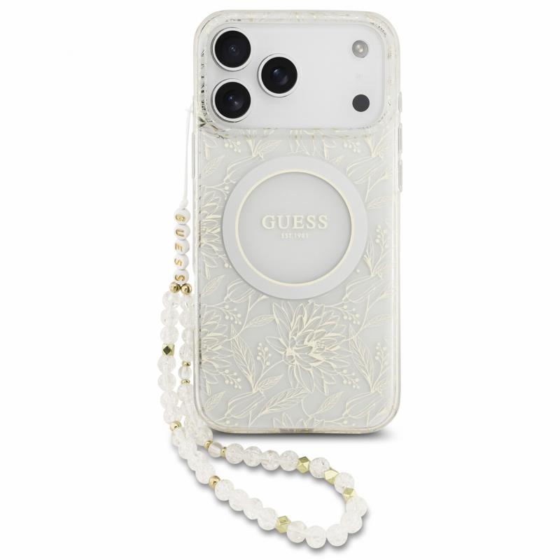 Θήκη PU/ Silicon Guess Magsafe Apple iPhone 18 Pro Max/ 17 Pro Max IML Flowers με Pearl Strap Λευκό