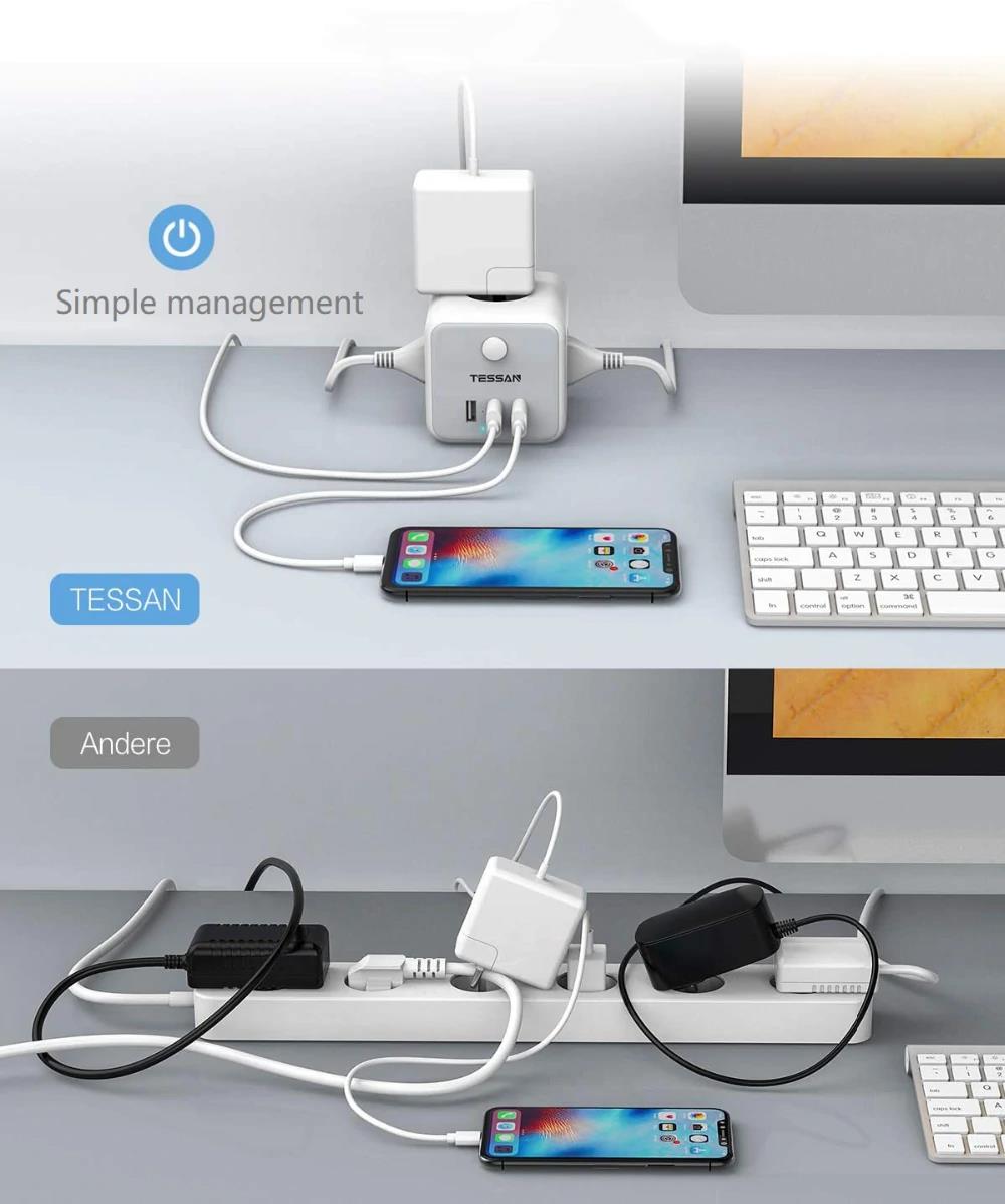 TESSAN TS301 ΠΟΛΥΜΠΡΙΖΟ 3 ΘΕΣΕΩΝ, 3 USB, ΓΚΡΙ/ΛΕΥΚΟ