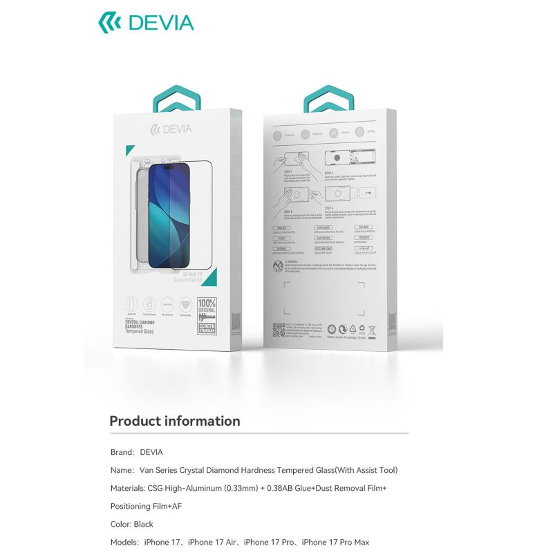 Tempered Glass Crystal Diamond Hardness Devia Apple iPhone 17 Pro Max με Βοηθητικό Εργαλείο Van Μαύρο (1 τεμ.)