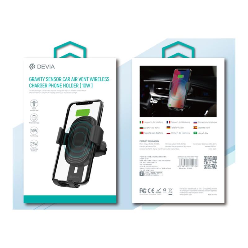 Universal Βάση Στήριξης Αεραγωγού Αυτοκινήτου Devia EA194 Gravity Sensor με Ασύρματη Φόρτιση 10W Μαύρο