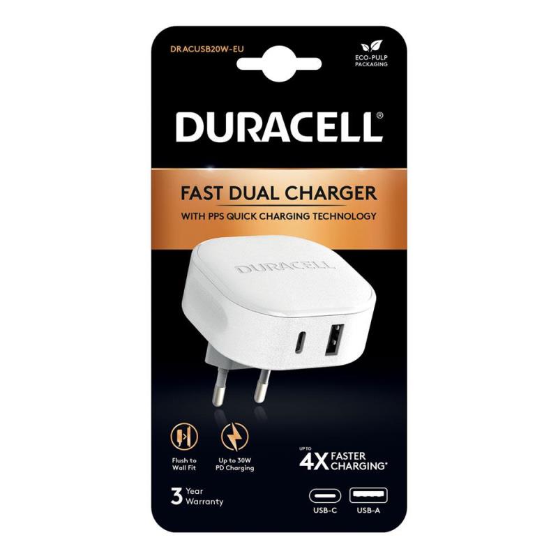 Φορτιστής Ταξιδίου Ταχείας Φόρτισης Duracell με Διπλή  Έξοδο USB A & USB C PD 30W Λευκό