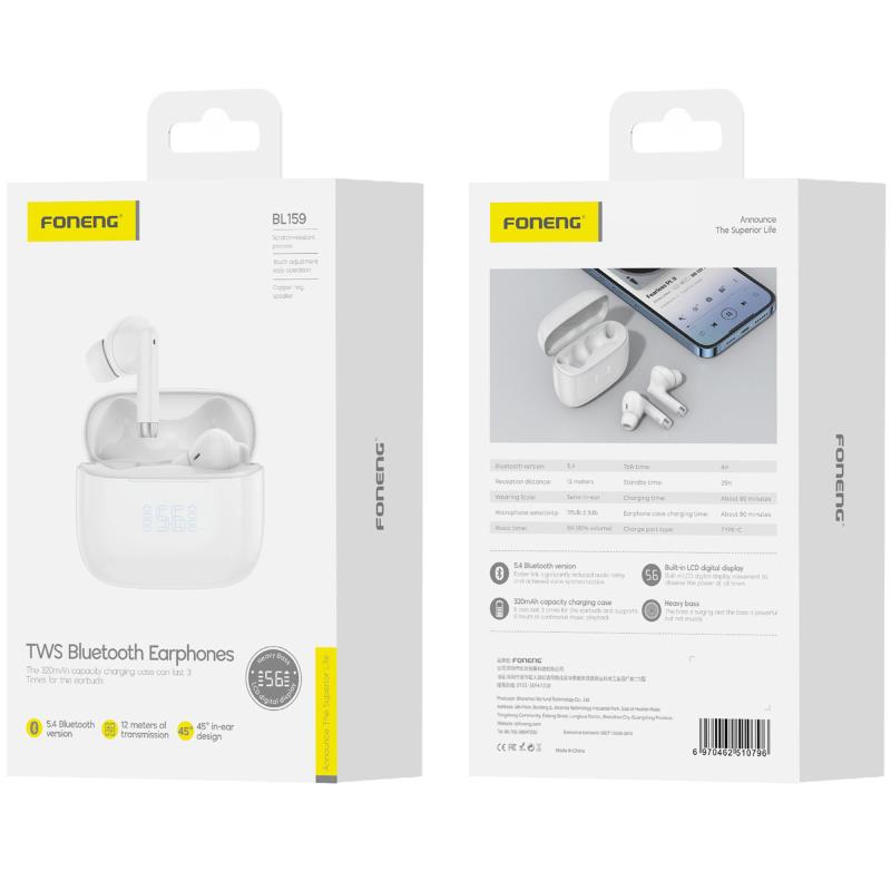 True Wireless Ακουστικά Bluetooth Foneng BL159 με Οθόνη Λευκό