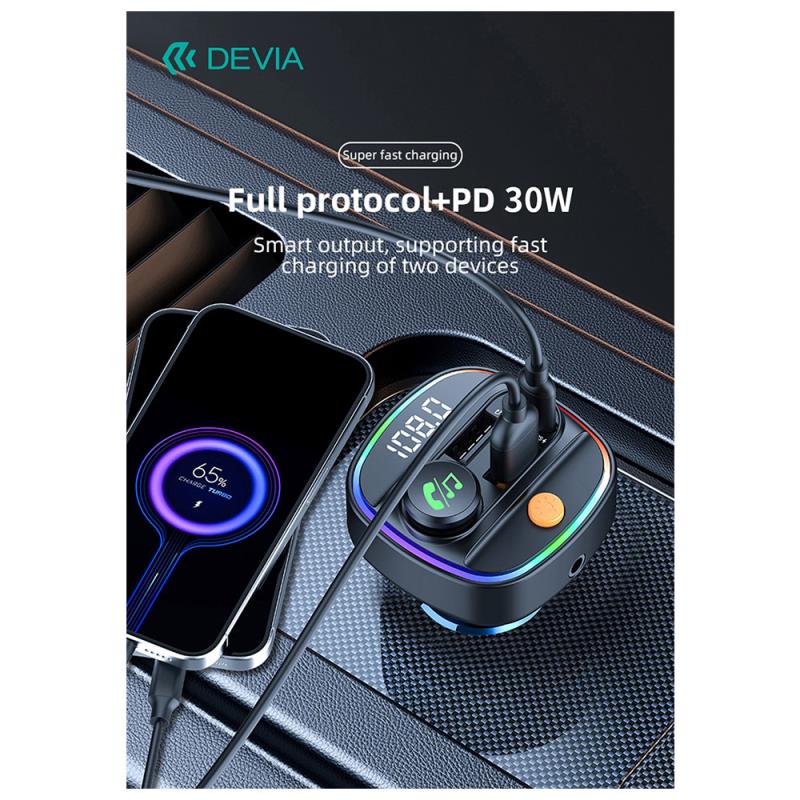 Φορτιστής Αυτοκινήτου Ταχείας Φόρτισης Devia C4S με Διπλή Έξοδο USB A & USB C PD QC 3.0 30W & Bluetooth MP3 Smart Μαύρο