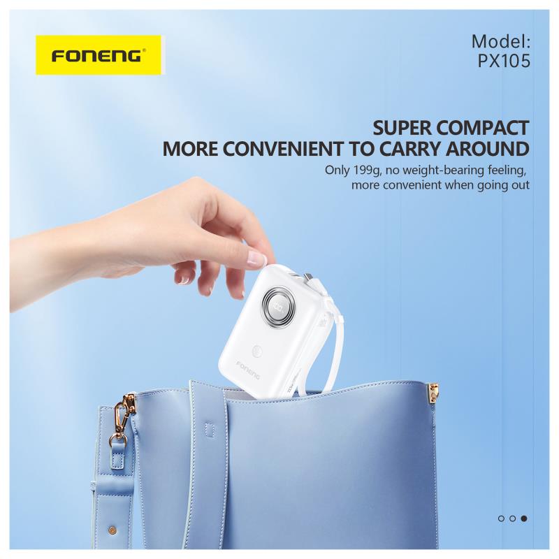 Φορτιστής Ανάγκης Foneng PX105 22.5W 10000mAh Mini με 2 Ενσωματωμένα Καλώδια Μαύρο