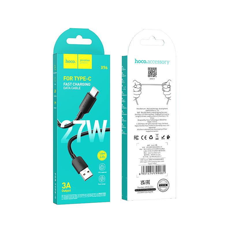 HOCO X96 ΚΑΛΩΔΙΟ ΦΟΡΤΙΣΗΣ HYPER TYPE-C, 27W, 1m, ΜΑΥΡΟ