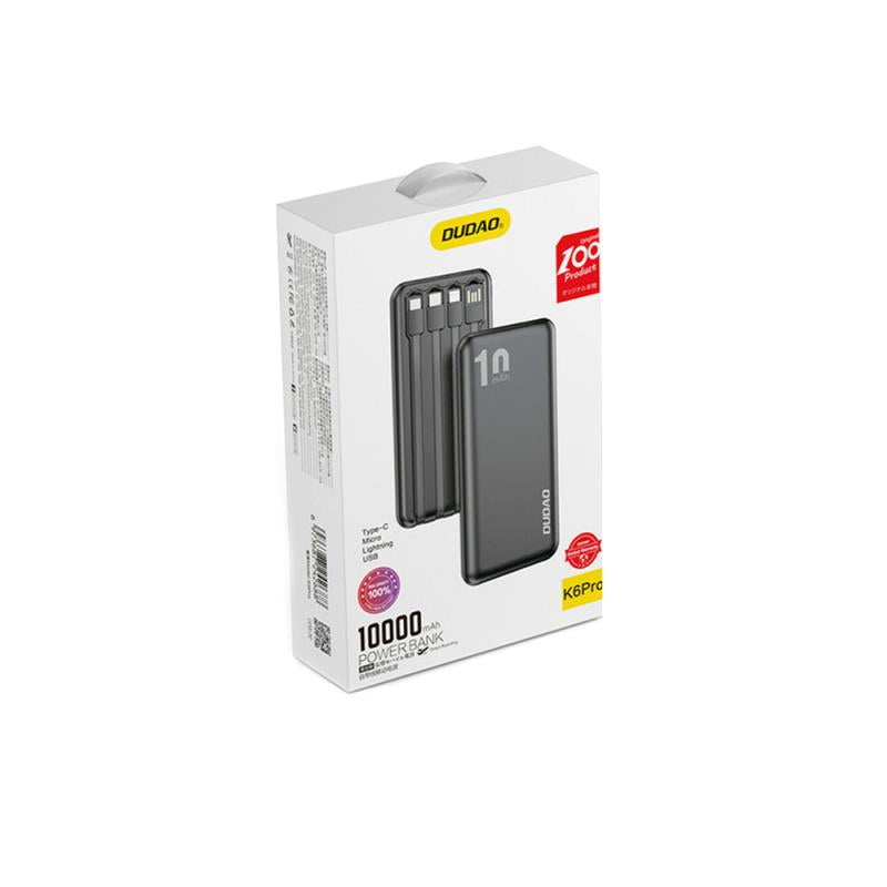 Φορτιστής Ανάγκης Dudao K6Pro 15W 10000mAh με 4 Ενσωματωμένα Καλώδια Μαύρο