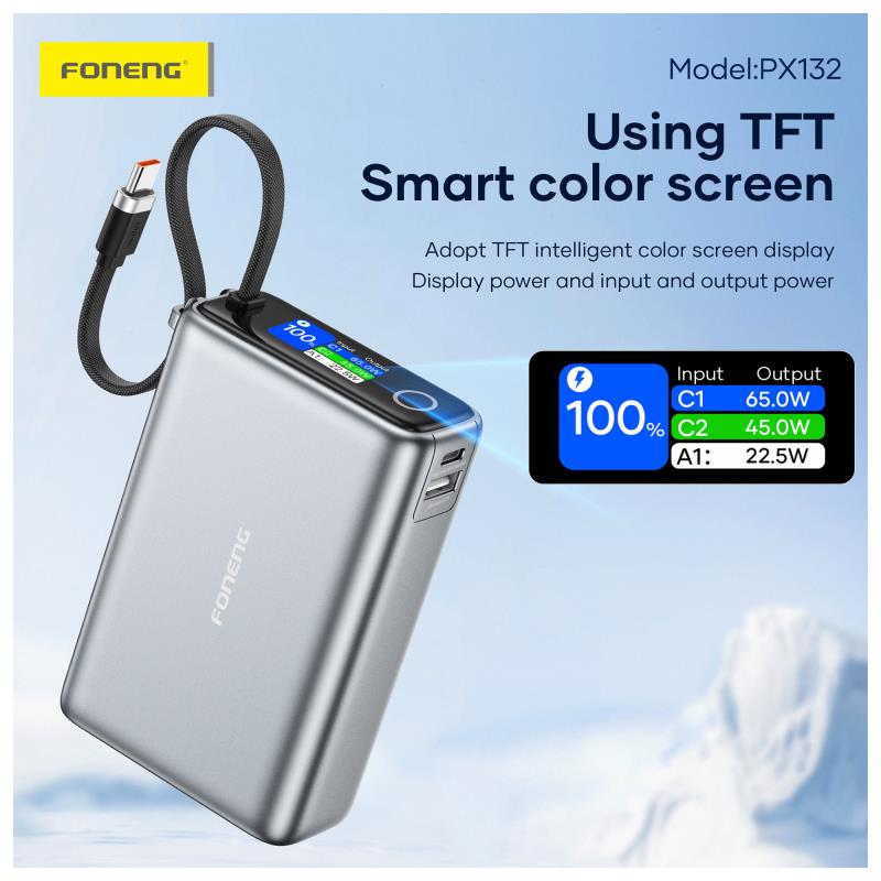 Φορτιστής Ανάγκης Foneng PX132 65W 20000mAh με Έγχρωμη Οθόνη Σκούρο Γκρι