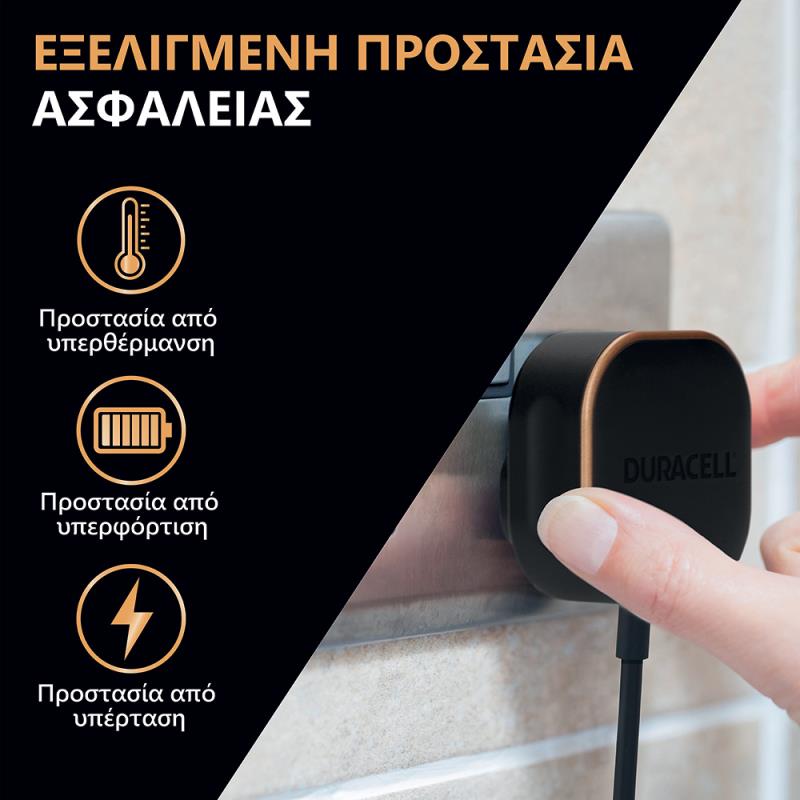 Φορτιστής Ταξιδίου Duracell με Έξοδο USB C PD 20W Μαύρο