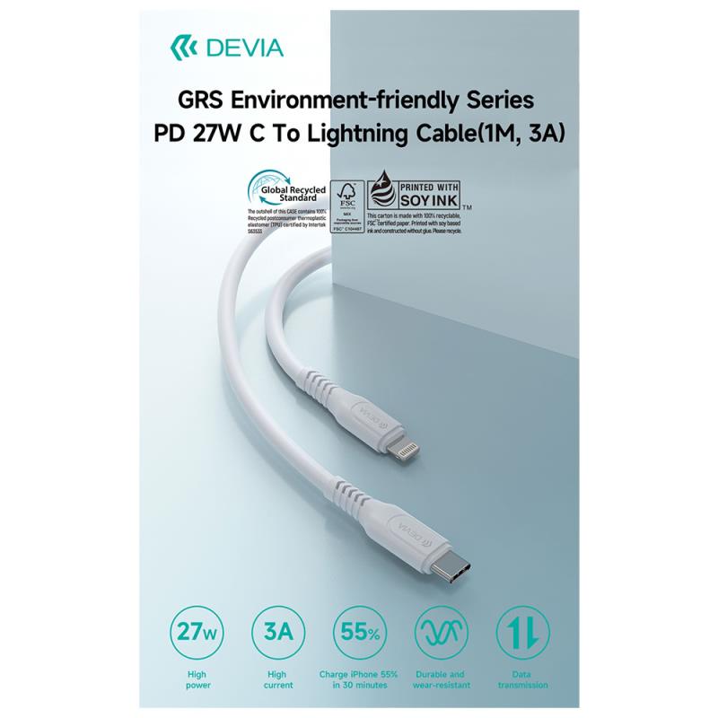 Καλώδιο Σύνδεσης USB 2.0 Enviroment-Friendly Devia EC635 USB C σε Lightning PD 27W 1m GRS Λευκό