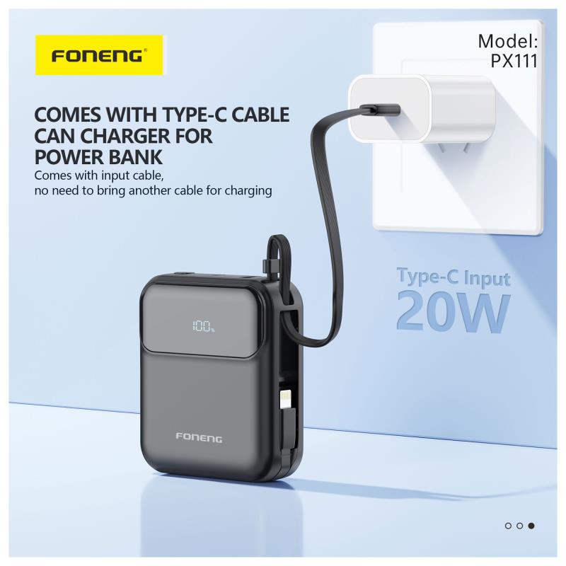 Foneng PX111 22.5W 10000mAh PD Mini Emergency Charger with 2 Built-in Cables Black