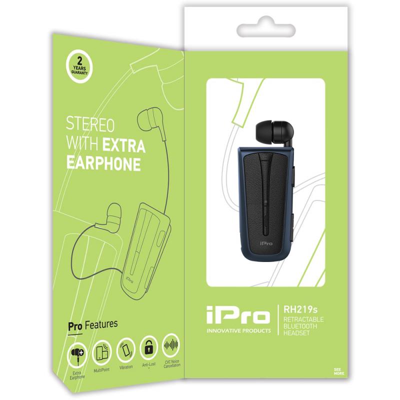 Στερεοφωνικό Ακουστικό Bluetooth iPro RH219s Retractable με Δόνηση Μαύρο-Μπλε