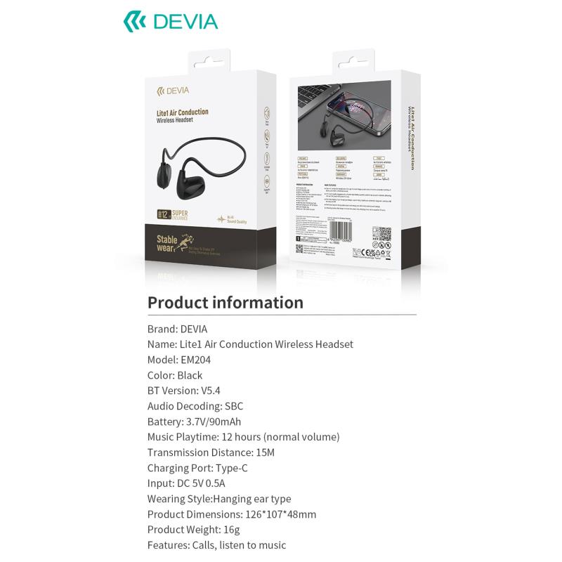 Στερεοφωνικό Ακουστικό Bluetooth Devia EM204 Air Conduction Lite1 Neckband Μαύρο